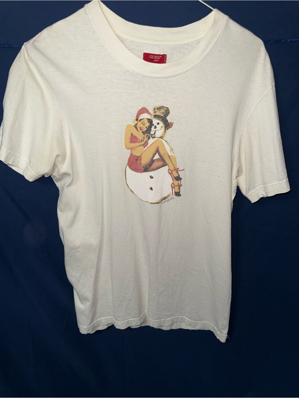 Guess White Tee with Retro Pin-Up Snowman Graphic
